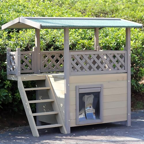 Katzenhäuser mit Massivholzdach, Katzenhaus für Draußen, Wasserdicht, Wetterfest, 2-stöckiges Design, für Mehrere Katzen, mit Treppe, Balkon(Large) von Pucaru