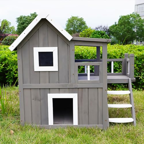 Katzenhaus auf Dem Dach für den Außenbereich, Luxus-Katzenhaus-Villa, Wetterfest, Sonnenschutz, 2-lagiges Katzenhaus, mit Treppe und Balkon(Brown) von Pucaru