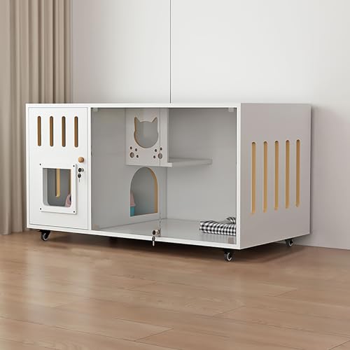Katzenhaus aus Holz auf Bremsrollen, Große, Geschlossene Katzenvilla für Drinnen und Draußen, mit Abschließbarem Katzenkäfig, Leicht zu Reinigen(White,120x60x60cm) von Pucaru