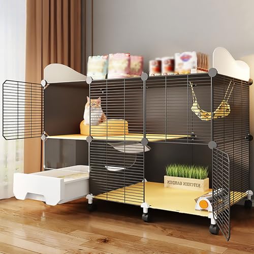 Pucaru Katzenkäfig aus Verschlüsseltem Drahtgeflecht, Katzenlaufstall, Frettchenkiste, DIY-Design, Abnehmbarer Kleintierkäfig aus Metall, mit Rädern(111x49x90cm) von Pucaru