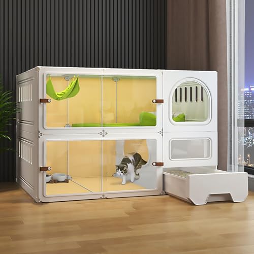 Pucaru Katzenkäfig für Den Innenbereich mit 2/3 Ebenen, Transparente Katzenvilla, Tragbares Katzengehege, Geschlossene Katzentoilette, Abnehmbar, Freiheitsraum(106x46.5x71cm) von Pucaru