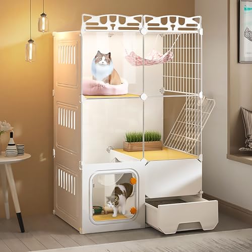 Pucaru Katzenkäfig für den Innenbereich, Transparente Katzenvilla, Katzengehege mit Katzentoilette, Angemessene Unterteilung, Platzfreiheit(72x47x107cm) von Pucaru