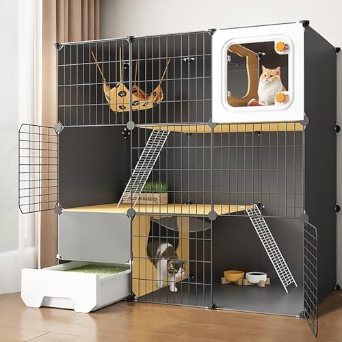 Pucaru Katzenkäfig mit Katzentoilette, DIY-Katzenlaufstall für den Innenbereich, Abnehmbarer Metallkäfig für Kleintiere, Mehrschichtige Plattform(105x45x105cm) von Pucaru