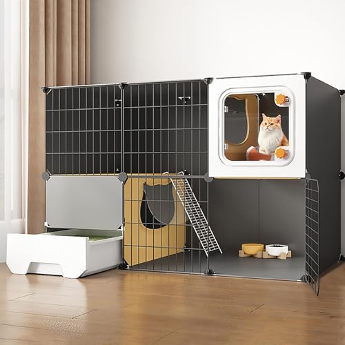 Pucaru Katzenkäfig mit Katzentoilette, DIY-Katzenlaufstall für den Innenbereich, Abnehmbarer Metallkäfig für Kleintiere, Mehrschichtige Plattform(105x45x70cm) von Pucaru
