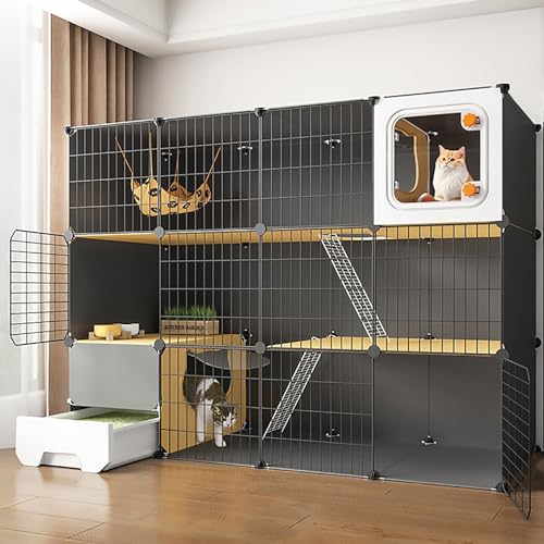 Pucaru Katzenkäfig mit Katzentoilette, DIY-Katzenlaufstall für den Innenbereich, Abnehmbarer Metallkäfig für Kleintiere, Mehrschichtige Plattform(140x45x105cm) von Pucaru