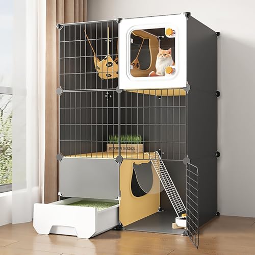 Pucaru Katzenkäfig mit Katzentoilette, DIY-Katzenlaufstall für den Innenbereich, Abnehmbarer Metallkäfig für Kleintiere, Mehrschichtige Plattform(70x45x105cm) von Pucaru