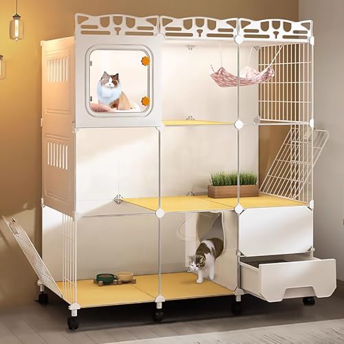 Pucaru Katzenkäfig mit Rädern, Katzenkisten für den Innenbereich, DIY-Katzengehege, Geschlossene Katzentoilette, Transparente Katzenvilla, Abnehmbar(107x47x112cm) von Pucaru
