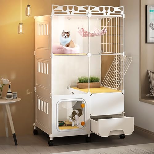 Pucaru Katzenkäfig mit Rädern, Katzenkisten für den Innenbereich, DIY-Katzengehege, Geschlossene Katzentoilette, Transparente Katzenvilla, Abnehmbar(72x47x112cm) von Pucaru