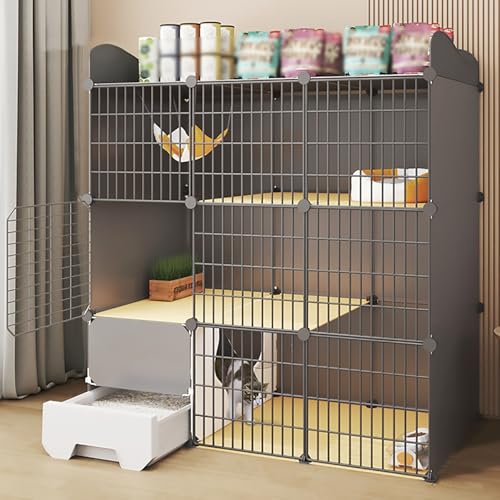 Pucaru Katzenkäfige für den Innenbereich, 3-stöckiger Katzenvilla mit Katzentoilette, Oberer Stauraum, DIY-Katzenlaufstall, Vernünftige Unterteilung(109x39x119cm) von Pucaru