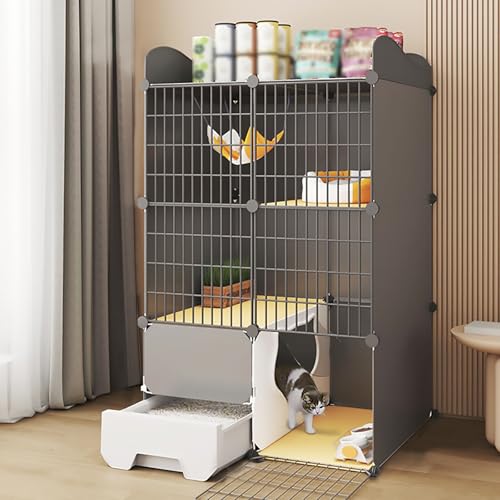 Pucaru Katzenkäfige für den Innenbereich, 3-stöckiger Katzenvilla mit Katzentoilette, Oberer Stauraum, DIY-Katzenlaufstall, Vernünftige Unterteilung(75x39x119cm) von Pucaru