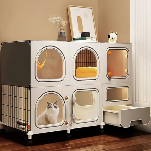 Pucaru Katzenkäfige für den Innenbereich mit Katzentoilette, Beweglicher Katzenlaufstall, Katzenvilla, Transparente Tür mit Schloss, Leicht zu Beobachten(106x36.5x75cm) von Pucaru