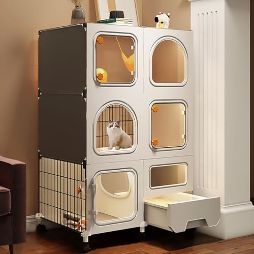Pucaru Katzenkäfige für den Innenbereich mit Katzentoilette, Beweglicher Katzenlaufstall, Katzenvilla, Transparente Tür mit Schloss, Leicht zu Beobachten(71x36.5x110cm) von Pucaru