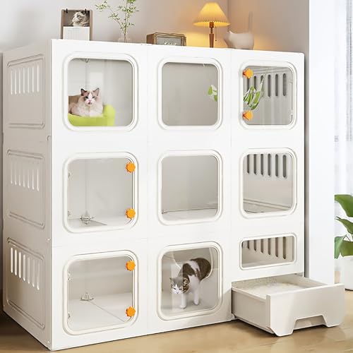 Pucaru Katzenkiste, Großer Katzenkäfig für den Innenbereich, Katzenlaufstall mit 2/3 Etagen, Katzenhütte, Design mit Mehreren Türen, Geschlossene Katzentoilette(106x46.5x106cm) von Pucaru