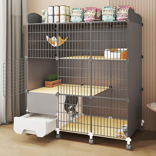 Pucaru Katzenkisten für Hauskatzen, Katzengehege, Abnehmbarer Metallkäfig, Katzenhütten, mit Lagerzaun und Universalrädern(109x39x125cm) von Pucaru