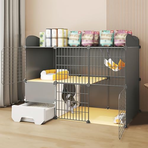 Pucaru Katzenkisten für Hauskatzen, Katzengehege, Abnehmbarer Metallkäfig, Katzenhütten, mit Lagerzaun und Universalrädern(109x39x85cm) von Pucaru