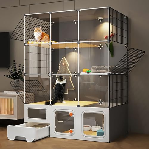 Pucaru Katzentoilette Integrierter Katzenkäfig, Panorama-Katzenvilla, DIY-Katzengehege für den Innenbereich, Metallkäfig auf Dem Balkon für 1–2 Katzen(107x47x142cm) von Pucaru