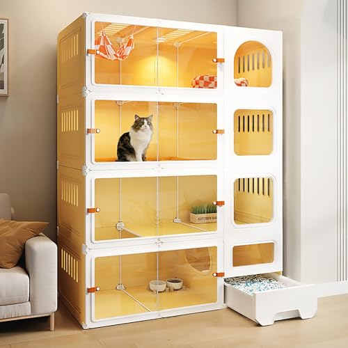 Pucaru Katzenvilla, Die Keinen Platz Wegnimmt, DIY-Katzenkäfige mit 2/3/4 Ebenen, Katzenzwinger für den Innenbereich, Panorama-Schiebetür für Einfache Interaktion(105x45x140cm) von Pucaru
