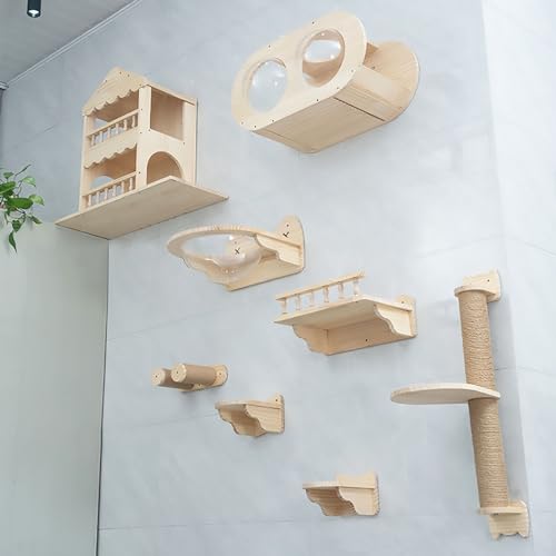 Luxuriöses Katzen Kletterwand Set, Wandmontierte Katzenwandparkour, Katzenmöbel Wand, Doppelstöckige Katzenvilla, Raumkapsel, Hängematte(Size:Style8) von Pucaru