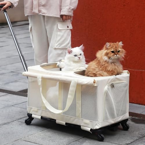 Pucaru Großer Katzenkäfig mit Rädern, Verbesserter Haustier-Reisekäfig mit Rädern und Teleskopgriff, Mehrseitig und Atmungsaktiv von Pucaru
