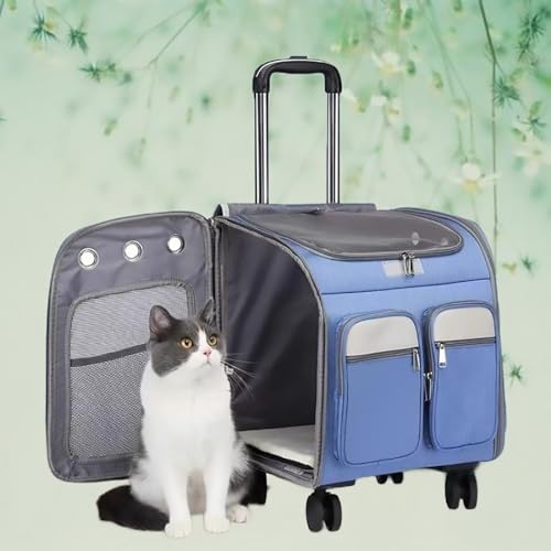 Pucaru Haustier-Reiseträger mit Rädern, Haustier-Trolley-Rucksack, zusammenklappbar und abnehmbar, multifunktionaler Haustier-Rucksack mit 4 Rädern (Color : Blue) von Pucaru