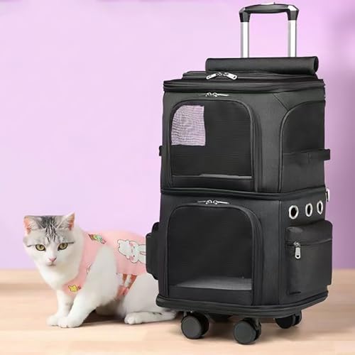 Pucaru Haustiertransportbox mit Zwei Fächern, Trolley-Tasche, Tragbare Katzentransportbox mit Rädern, für Reisen, Camping, Entworfen für Hunde und Katzen (Color : Black) von Pucaru
