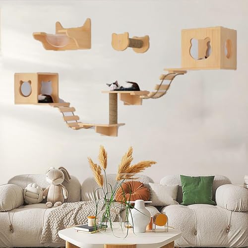 Pucaru Katzen, Katzen-Wandregal-Sitzstange Aus Holz, Katzenregal für Katzen Zum Spielen, Klettern Und Entspannen(7pcs) von Pucaru