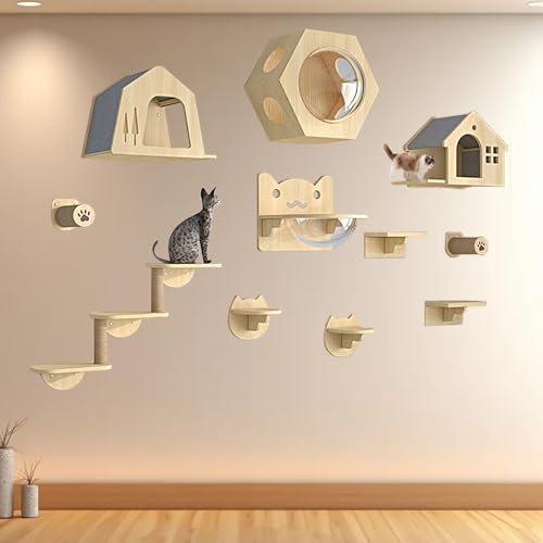 Pucaru Katzen Kletterwand, Modernes Katzenmöbel aus Holz, Katzenregal an Der Wand für Katzenschlaf Und Klettern(11pcs) von Pucaru