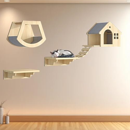 Pucaru Katzen Kletterwand, Modernes Katzenmöbel aus Holz, Katzenregal an Der Wand für Katzenschlaf Und Klettern(4pcs) von Pucaru