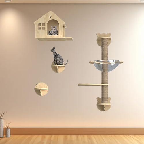 Pucaru Katzen Kletterwand, Modernes Katzenmöbel aus Holz, Katzenregal an Der Wand für Katzenschlaf Und Klettern(5pcs) von Pucaru