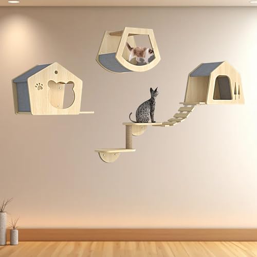 Pucaru Katzen Kletterwand, Modernes Katzenmöbel aus Holz, Katzenregal an Der Wand für Katzenschlaf Und Klettern(7pcs) von Pucaru