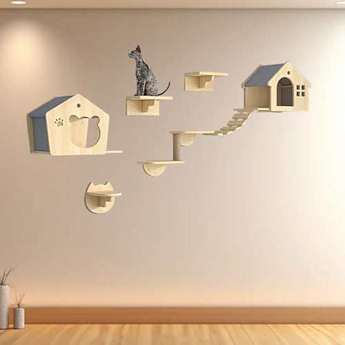 Pucaru Katzen Kletterwand, Modernes Katzenmöbel aus Holz, Katzenregal an Der Wand für Katzenschlaf Und Klettern(8pcs) von Pucaru