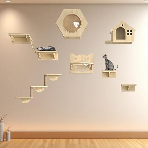 Pucaru Katzen Kletterwand, Modernes Katzenmöbel aus Holz, Katzenregal an Der Wand für Katzenschlaf Und Klettern(9pcs) von Pucaru