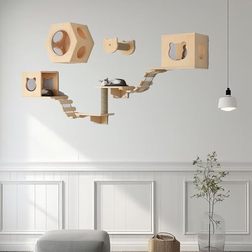Pucaru Katzen-Wandmöbel-Set Mit Sitzstangen Und Stufen, Holzplattenstärke 1,5 cm, Geeignet for An Der Wand Montierte Katzenhäuser Im Innenbereich(10pcs) von Pucaru