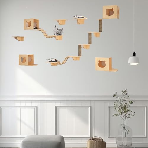 Pucaru Katzen-Wandmöbel-Set Mit Sitzstangen Und Stufen, Holzplattenstärke 1,5 cm, Geeignet for An Der Wand Montierte Katzenhäuser Im Innenbereich(12pcs) von Pucaru