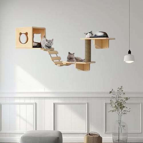 Pucaru Katzen-Wandmöbel-Set Mit Sitzstangen Und Stufen, Holzplattenstärke 1,5 cm, Geeignet for An Der Wand Montierte Katzenhäuser Im Innenbereich(5pcs) von Pucaru