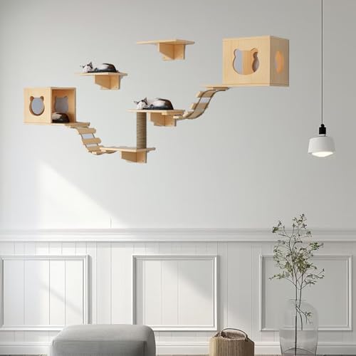 Pucaru Katzen-Wandmöbel-Set Mit Sitzstangen Und Stufen, Holzplattenstärke 1,5 cm, Geeignet for An Der Wand Montierte Katzenhäuser Im Innenbereich(7pcs) von Pucaru