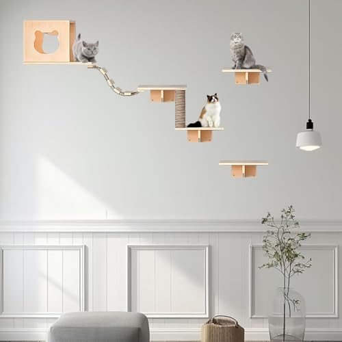 Pucaru Katzen-Wandmöbel-Set Mit Sitzstangen Und Stufen, Holzplattenstärke 1,5 cm, Geeignet for An Der Wand Montierte Katzenhäuser Im Innenbereich(8pcs) von Pucaru