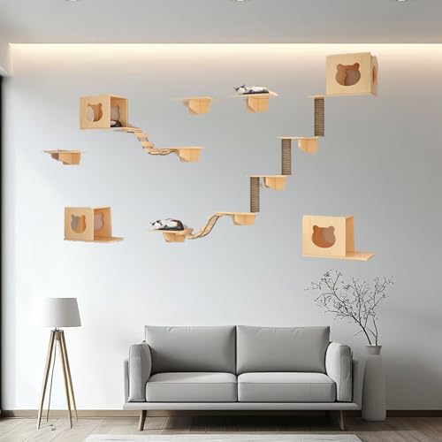 Pucaru Katzen-Wandregale,Katzen Kletterwand，Katzen-Wandklettergerüst-Set Zum Schlafen, Klettern Und(12pcs) von Pucaru