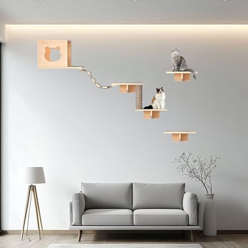 Pucaru Katzen-Wandregale,Katzen Kletterwand，Katzen-Wandklettergerüst-Set Zum Schlafen, Klettern Und(6pcs) von Pucaru