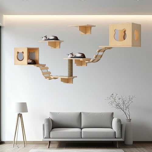 Pucaru Katzen-Wandregale,Katzen Kletterwand，Katzen-Wandklettergerüst-Set Zum Schlafen, Klettern Und(8pcs) von Pucaru