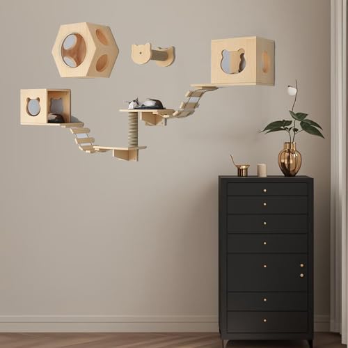 Pucaru Katzen-Wandregale Und Hängende Sitzstangen,kletterwand Katzen, Katzen-Klettergerüst für Große Und Kleine Katzen(7pcs) von Pucaru