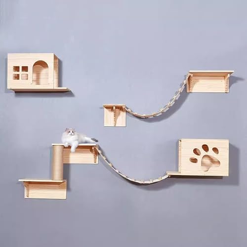 Pucaru Katzenbaumturm, Wandmontiertes Katzenregal, Hölzernes Katzenkletterwand-Spielplatz-Set, Indoor-Katzenkletterbaum(8pcs) von Pucaru