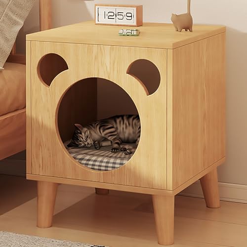 Pucaru Katzenhaus aus Holz, Multifunktionaler Katzenmöbelschrank, Nachttisch Fürs Schlafzimmer, Minimalistischer und Praktischer Beistelltisch(Natural) von Pucaru