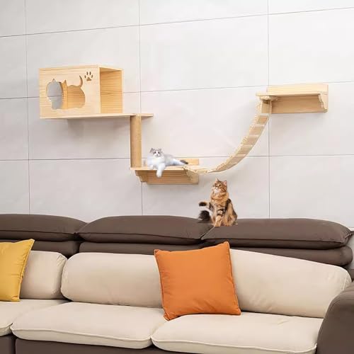 Pucaru Katzenklettergerüst-Set, Katzenwandregale aus Holz, Katzenwandmöbel, Platzsparend, Geeignet for Klettern, Schlafen Und Spielen(5pcs) von Pucaru