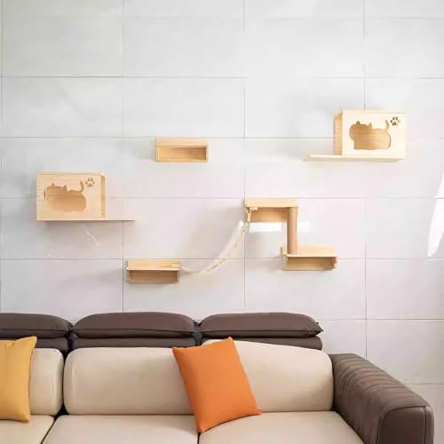 Pucaru Katzenklettergerüst-Set, Katzenwandregale aus Holz, Katzenwandmöbel, Platzsparend, Geeignet for Klettern, Schlafen Und Spielen(8pcs) von Pucaru