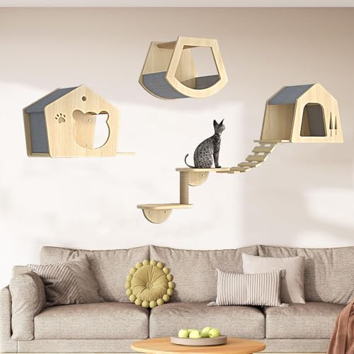 Pucaru Katzenwandmöbel Aus Holz, Katzenhöhle Wand,katzenbaum，Katzenklettergerüst für Katzen Bis 12 Kg(7pcs) von Pucaru