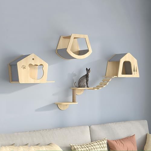 Pucaru Katzenwandregal, Massivholz, Katzenwandmöbel, Wandmontiertes Katzenklettergerüst und Lebensraum, Geeignet Zum Klettern, Spielen(5pcs) von Pucaru