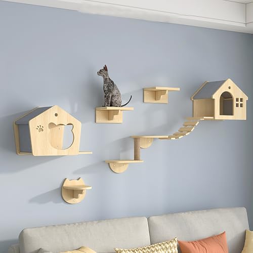 Pucaru Katzenwandregal, Massivholz, Katzenwandmöbel, Wandmontiertes Katzenklettergerüst und Lebensraum, Geeignet Zum Klettern, Spielen(7pcs) von Pucaru