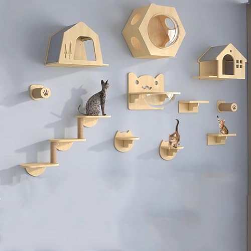 Pucaru Katzenwandregale, Katzenregale für Die Wand, Katzenmöbel aus Kiefernholz Zur Wandmontage, Kletterregale für Katzen für Den Innenbereich(11pcs) von Pucaru