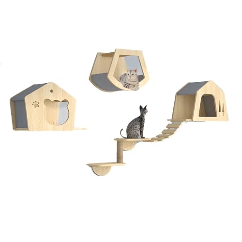 Pucaru Katzenwandregale, Katzenregale für Die Wand, Katzenmöbel aus Kiefernholz Zur Wandmontage, Kletterregale für Katzen für Den Innenbereich(5pcs) von Pucaru